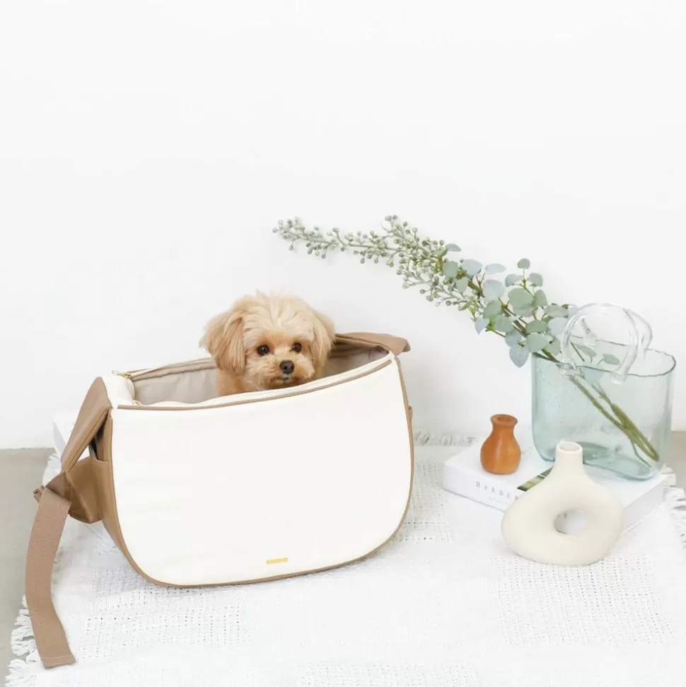 Carry Bag*MonCheri Canvas With Mesh X Eco -Leather Pet Sling Beige