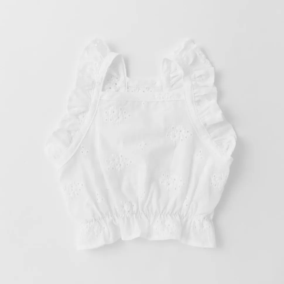 Tops*MonCheri Flower Embroidery Frilled Top White