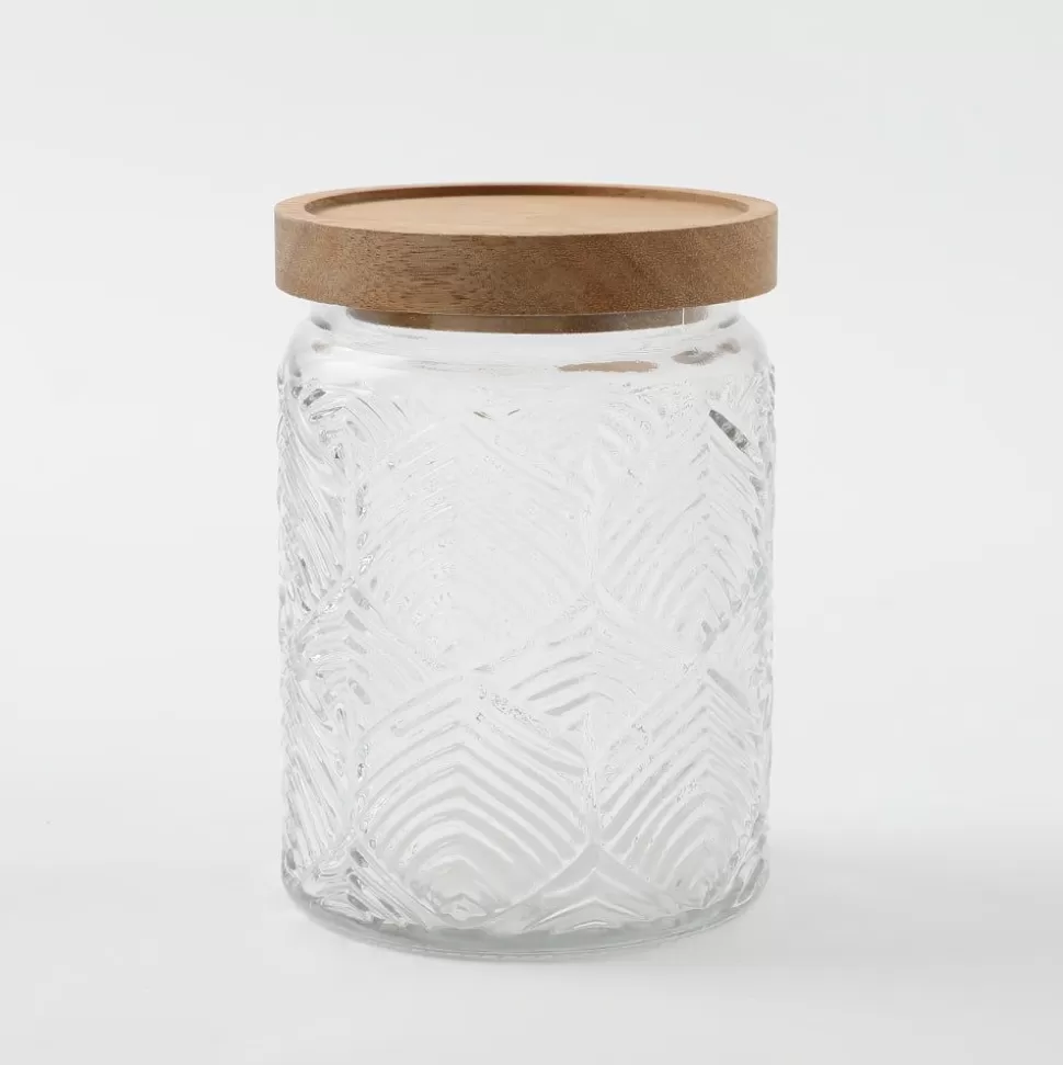 Interior*MonCheri Leaf Pattern Wood Lid Glass Canister Clear