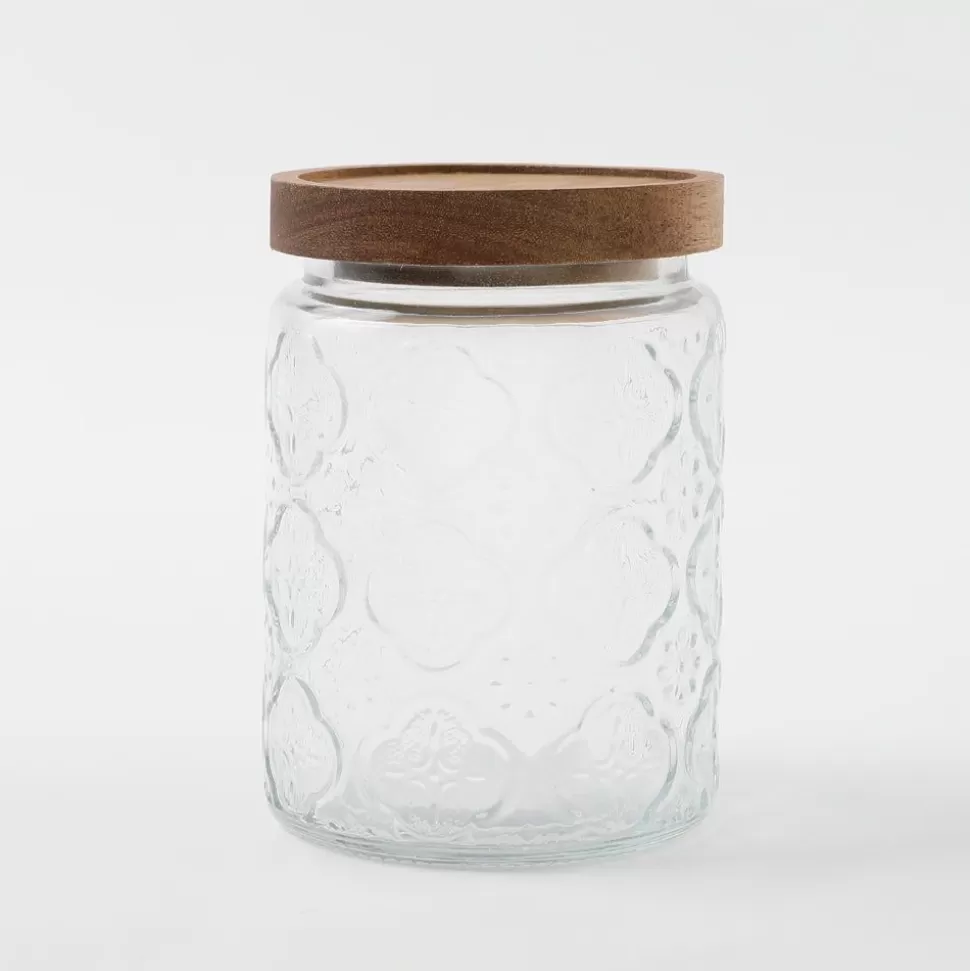 Interior*MonCheri Retro Pattern Wood Lid Glass Canister Clear