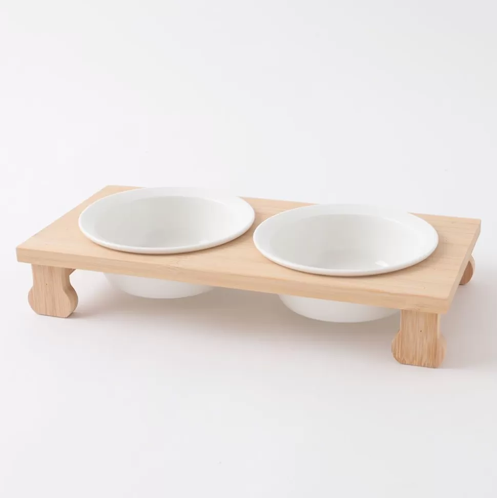 Food Bowl*MonCheri Wood Stand Double Food Bowl Beige