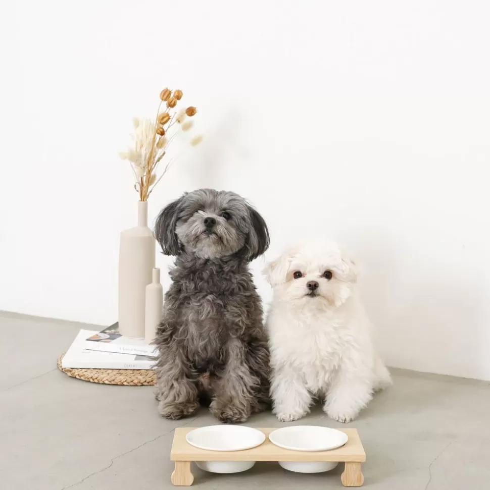 Food Bowl*MonCheri Wood Stand Double Food Bowl Beige